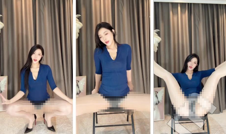 抖音圈圈吖两段蓝色造型舞蹈,灰帘椅边与木色床前各成一幕
