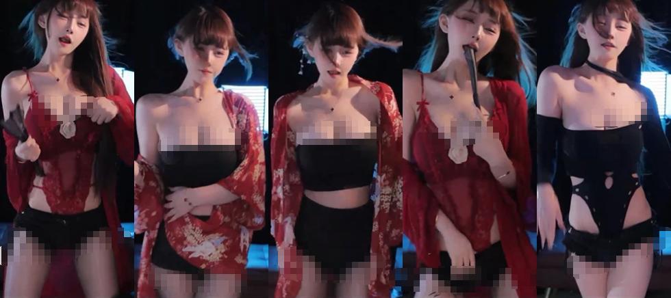 斗鱼小美佳小号舞蹈合集四,红色外搭在冷蓝灯光里随舞步开合